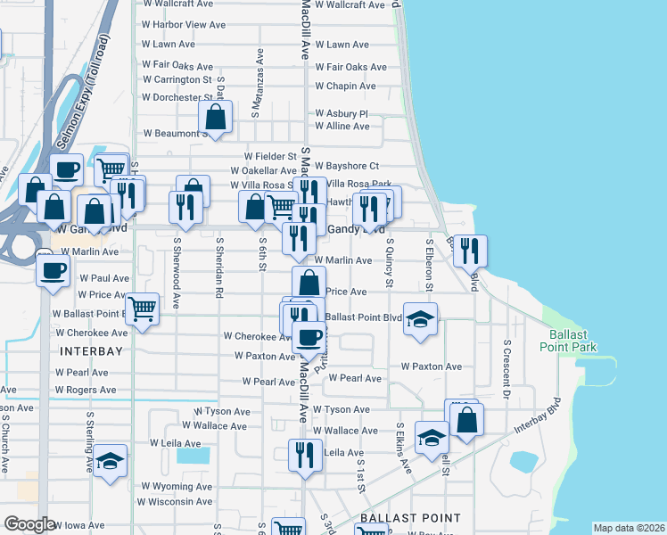map of restaurants, bars, coffee shops, grocery stores, and more near 3007 West Marlin Avenue in Tampa