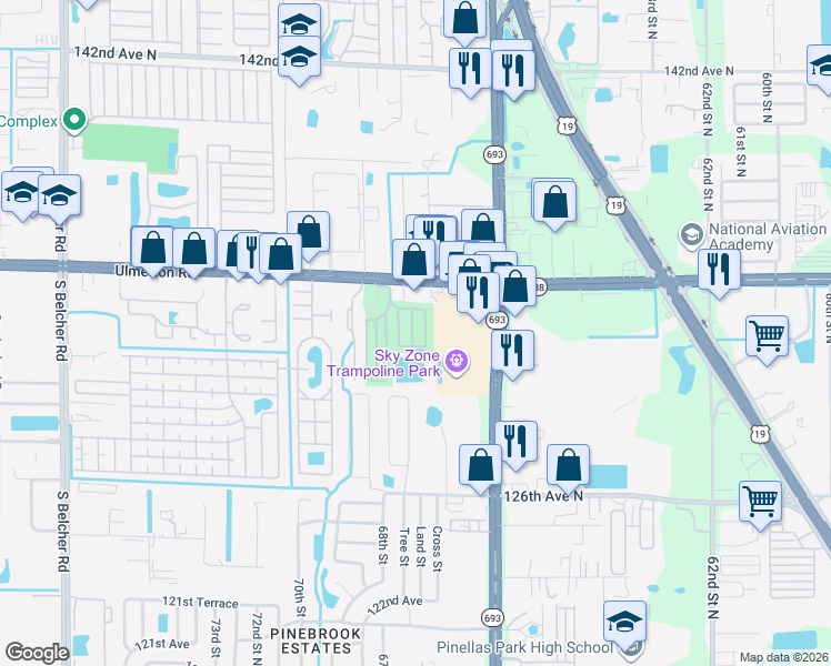 map of restaurants, bars, coffee shops, grocery stores, and more near 6900 Ulmerton Road in Largo
