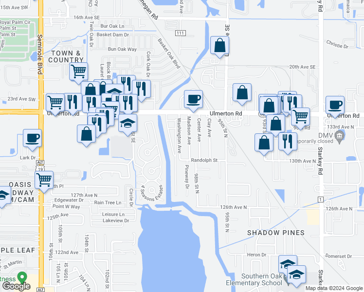 map of restaurants, bars, coffee shops, grocery stores, and more near 13175 Washington Avenue in Largo