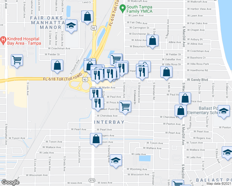 map of restaurants, bars, coffee shops, grocery stores, and more near 3512 West McElroy Avenue in Tampa