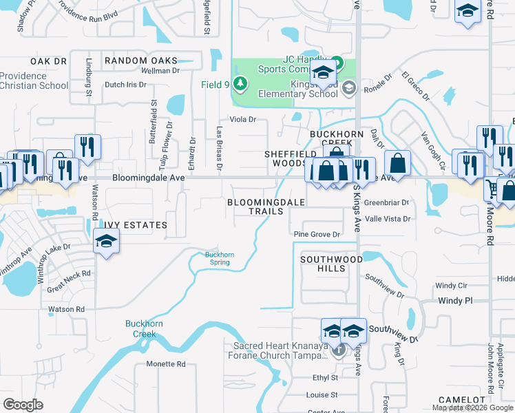 map of restaurants, bars, coffee shops, grocery stores, and more near 1415 Trail Boss Lane in Brandon