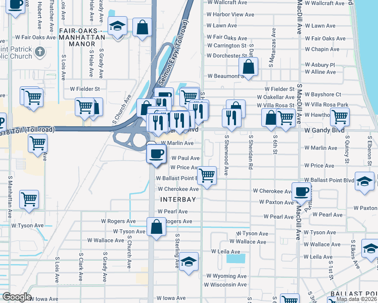 map of restaurants, bars, coffee shops, grocery stores, and more near 3512 West McElroy Avenue in Tampa