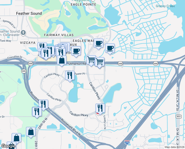 map of restaurants, bars, coffee shops, grocery stores, and more near 100 main street north in St. Petersburg