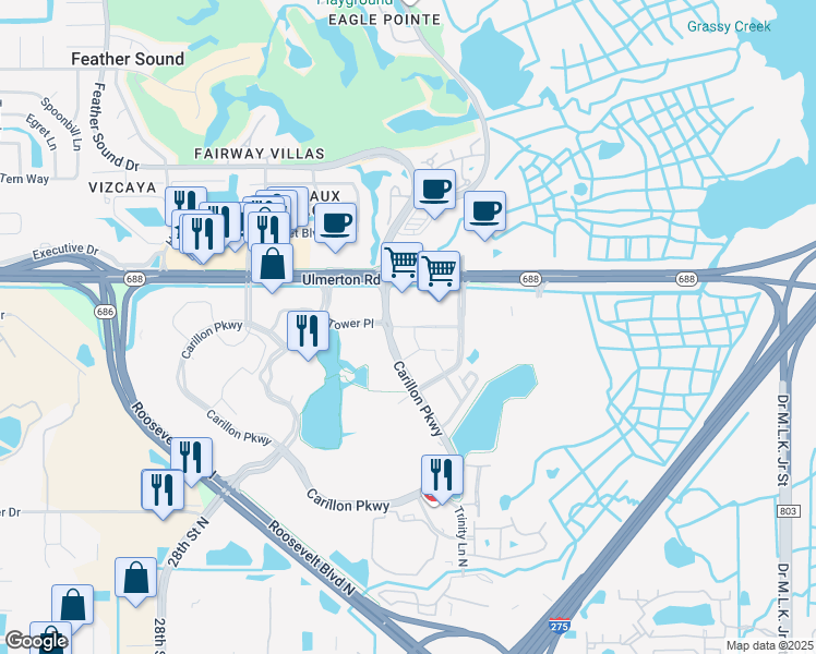 map of restaurants, bars, coffee shops, grocery stores, and more near 100 main street north in St. Petersburg