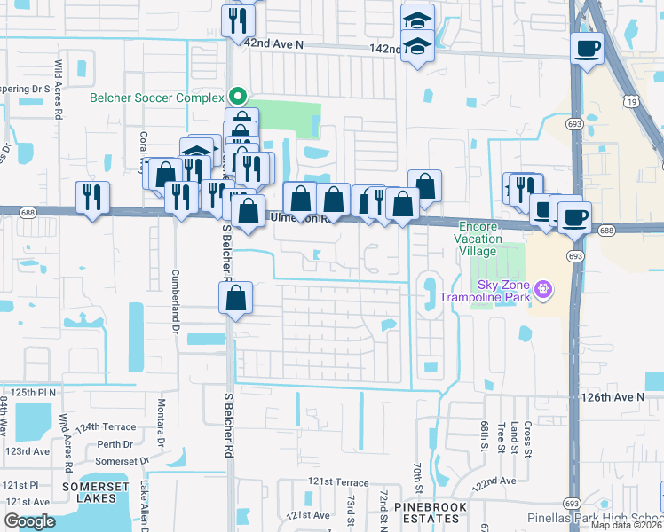 map of restaurants, bars, coffee shops, grocery stores, and more near 7360 Ulmerton Road in Largo