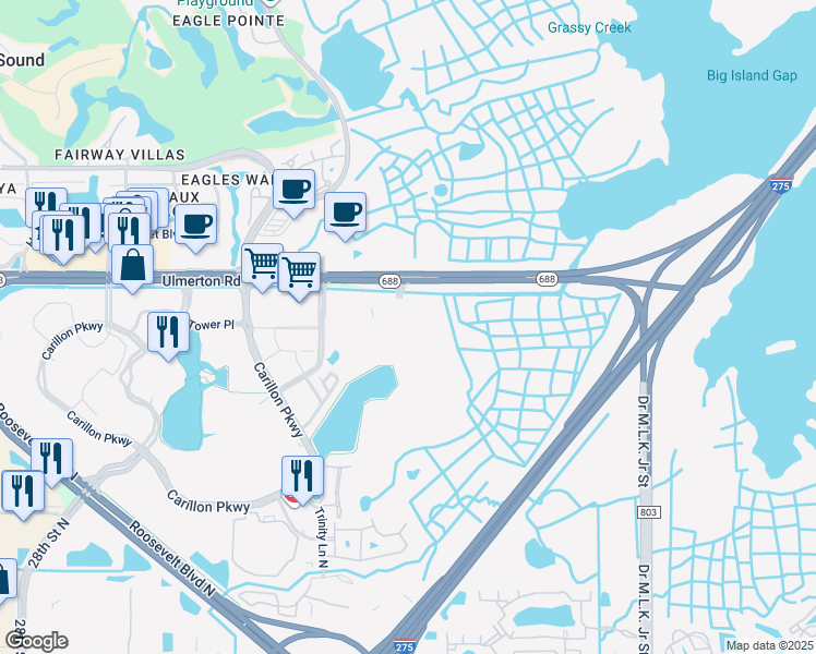 map of restaurants, bars, coffee shops, grocery stores, and more near 140 Fountain Parkway North in St. Petersburg
