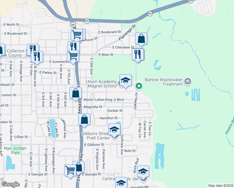map of restaurants, bars, coffee shops, grocery stores, and more near 1950 Laurel Street in Bartow