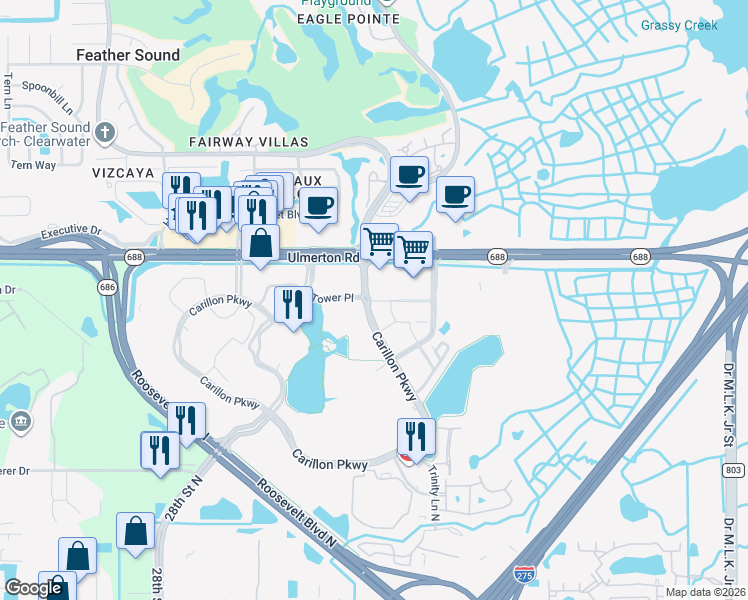map of restaurants, bars, coffee shops, grocery stores, and more near 100 main street north in St. Petersburg