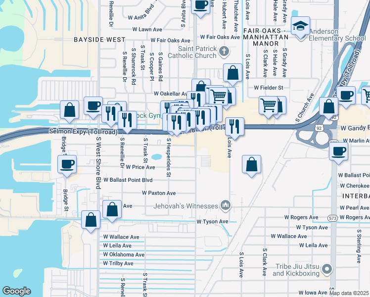 map of restaurants, bars, coffee shops, grocery stores, and more near 4410 West McElroy Avenue in Tampa