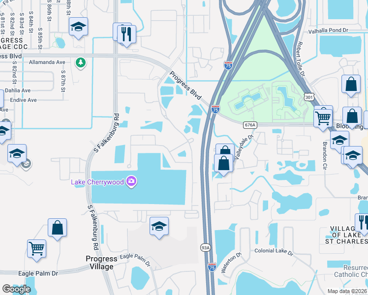 map of restaurants, bars, coffee shops, grocery stores, and more near 9318 Blueberry Ash Circle in Riverview