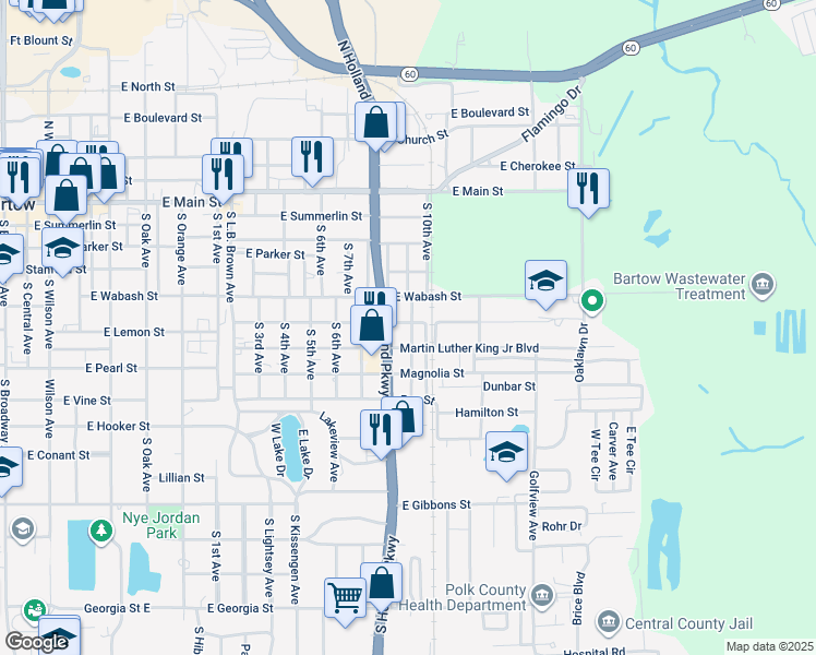 map of restaurants, bars, coffee shops, grocery stores, and more near 1561 Laurel Street in Bartow
