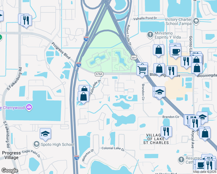 map of restaurants, bars, coffee shops, grocery stores, and more near 6104 Olivedale Drive in Riverview