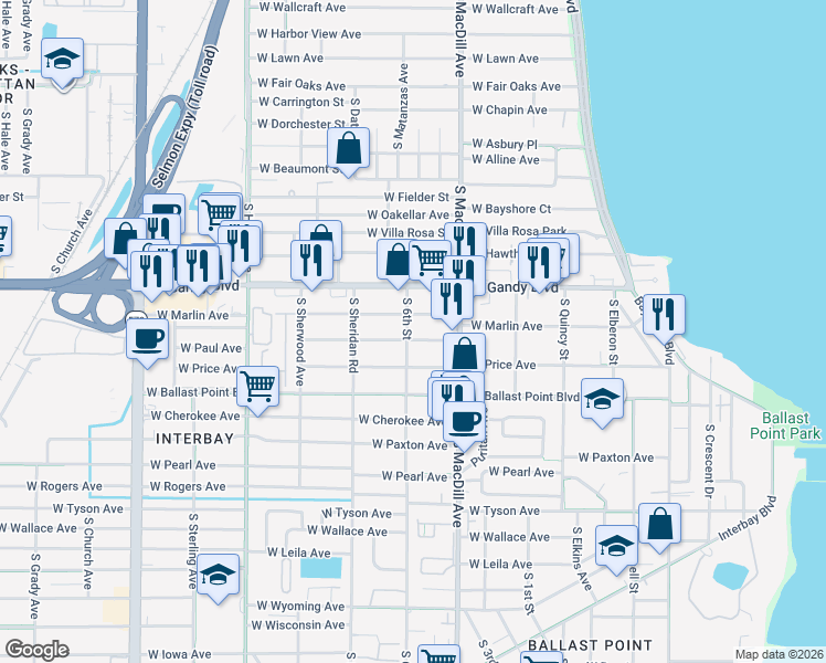map of restaurants, bars, coffee shops, grocery stores, and more near 3120 West Marlin Avenue in Tampa