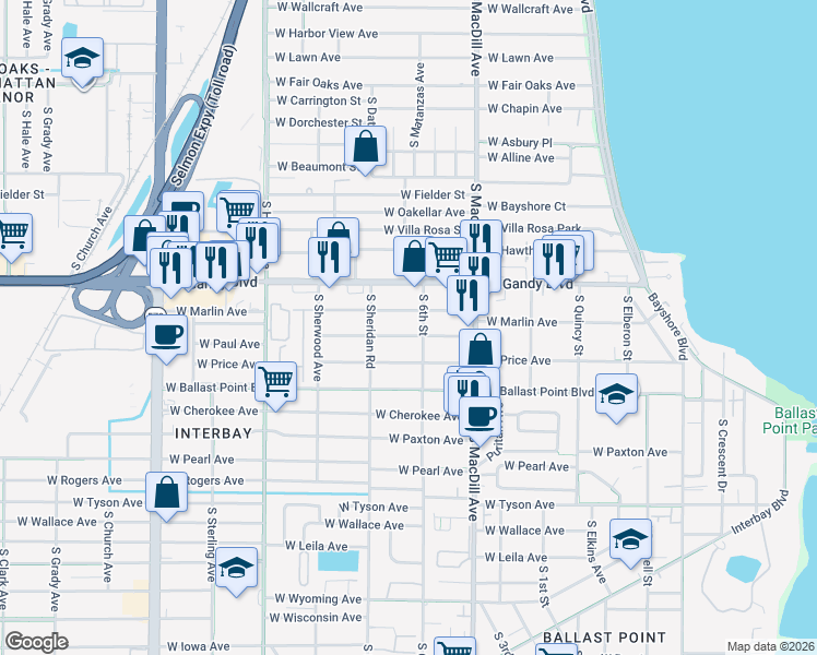 map of restaurants, bars, coffee shops, grocery stores, and more near 3212 West Marlin Avenue in Tampa