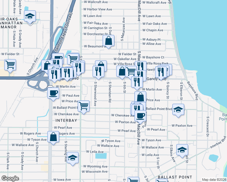 map of restaurants, bars, coffee shops, grocery stores, and more near 3212 West Marlin Avenue in Tampa