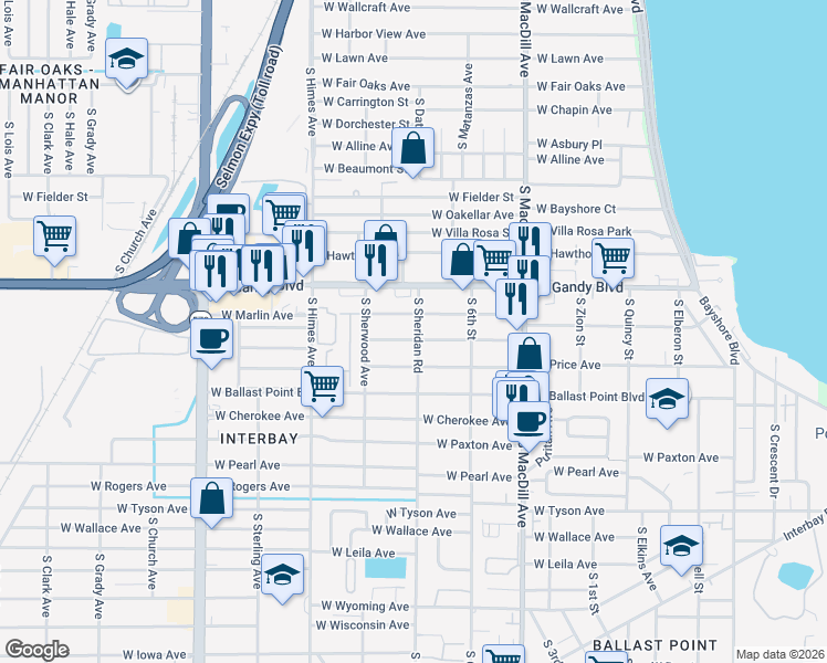 map of restaurants, bars, coffee shops, grocery stores, and more near 3306 West Marlin Avenue in Tampa