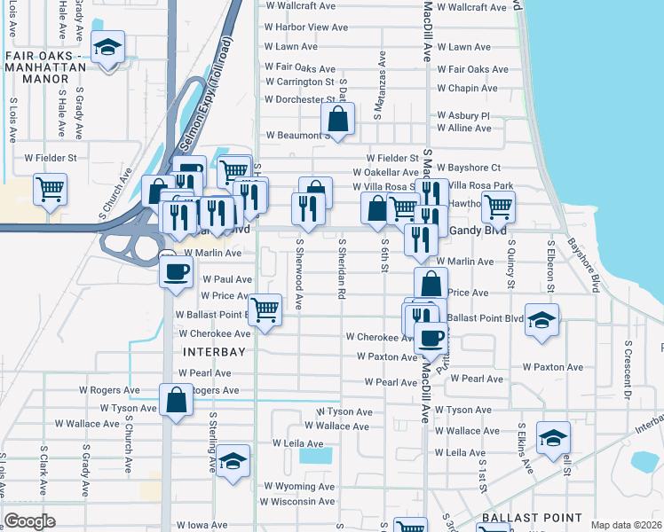 map of restaurants, bars, coffee shops, grocery stores, and more near 3306 West Marlin Avenue in Tampa