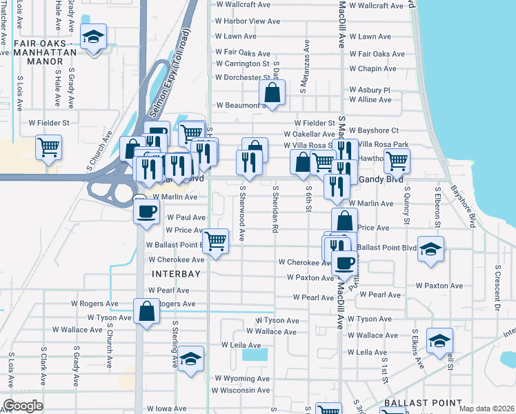 map of restaurants, bars, coffee shops, grocery stores, and more near 3306 West Marlin Avenue in Tampa