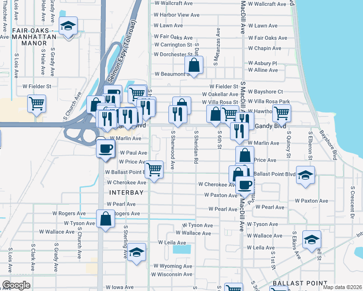 map of restaurants, bars, coffee shops, grocery stores, and more near 3324 West Marlin Avenue in Tampa