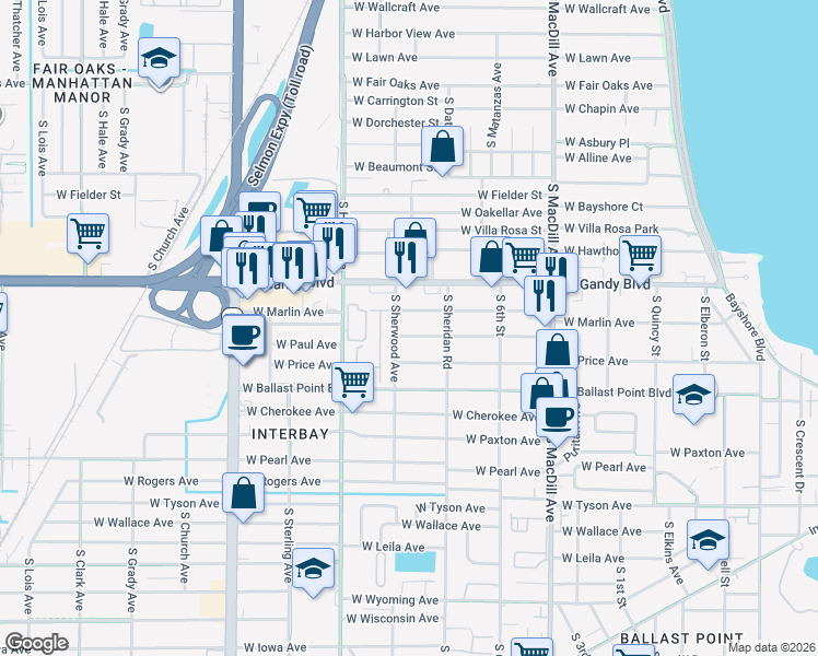 map of restaurants, bars, coffee shops, grocery stores, and more near 3324 West Marlin Avenue in Tampa