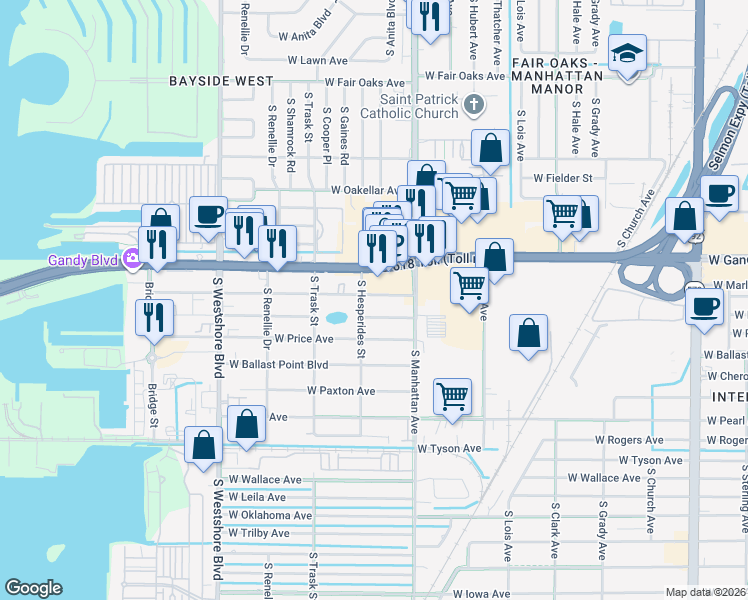 map of restaurants, bars, coffee shops, grocery stores, and more near 4410 West McElroy Avenue in Tampa