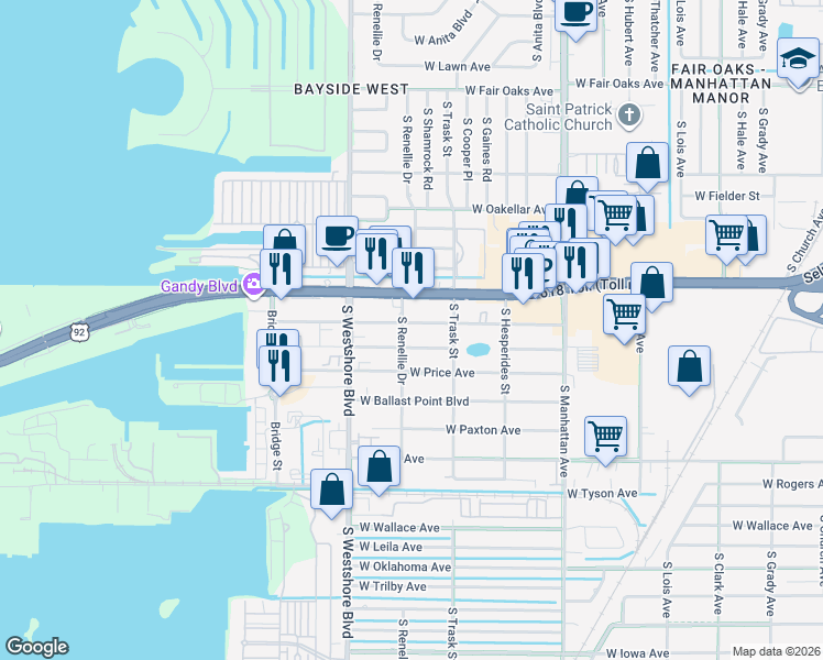 map of restaurants, bars, coffee shops, grocery stores, and more near 4611 West McElroy Avenue in Tampa