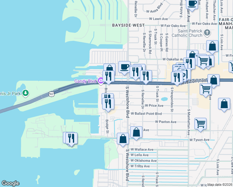 map of restaurants, bars, coffee shops, grocery stores, and more near 4859 West McElroy Avenue in Tampa