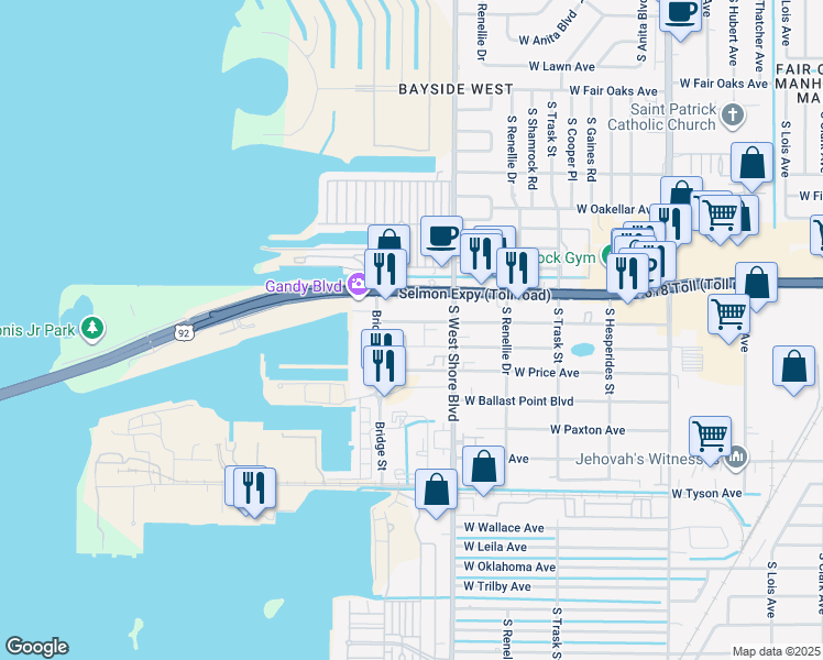 map of restaurants, bars, coffee shops, grocery stores, and more near 4859 West McElroy Avenue in Tampa