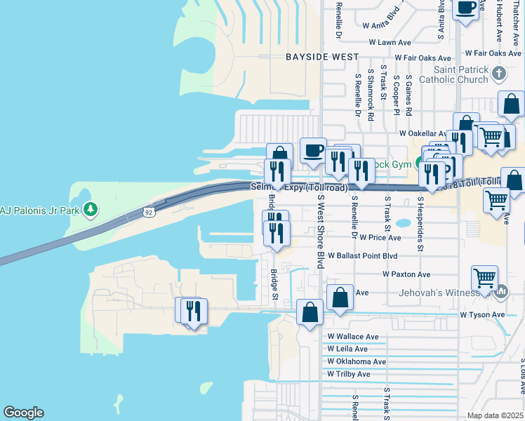 map of restaurants, bars, coffee shops, grocery stores, and more near 5001 Bridge Street in Tampa