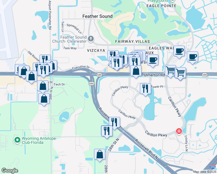 map of restaurants, bars, coffee shops, grocery stores, and more near 880 Carillon Pkwy in St Petersburg