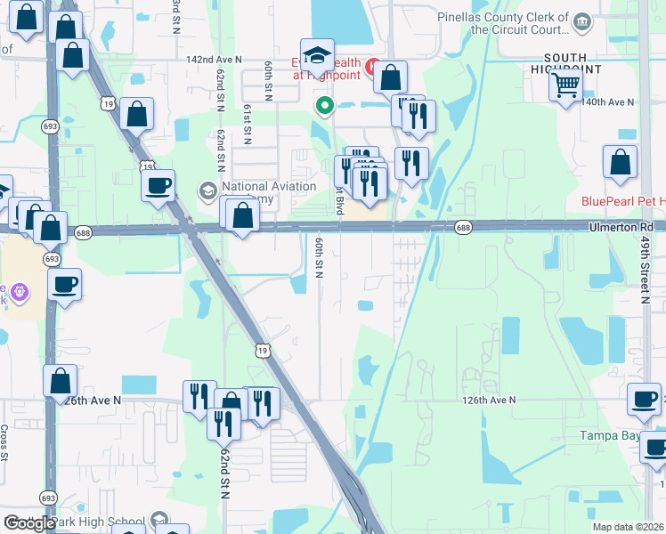map of restaurants, bars, coffee shops, grocery stores, and more near 13311a 60th Street North in Clearwater
