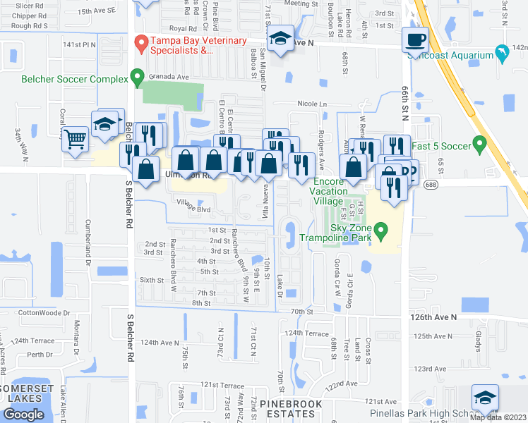 map of restaurants, bars, coffee shops, grocery stores, and more near 7200 Ulmerton Road in Largo