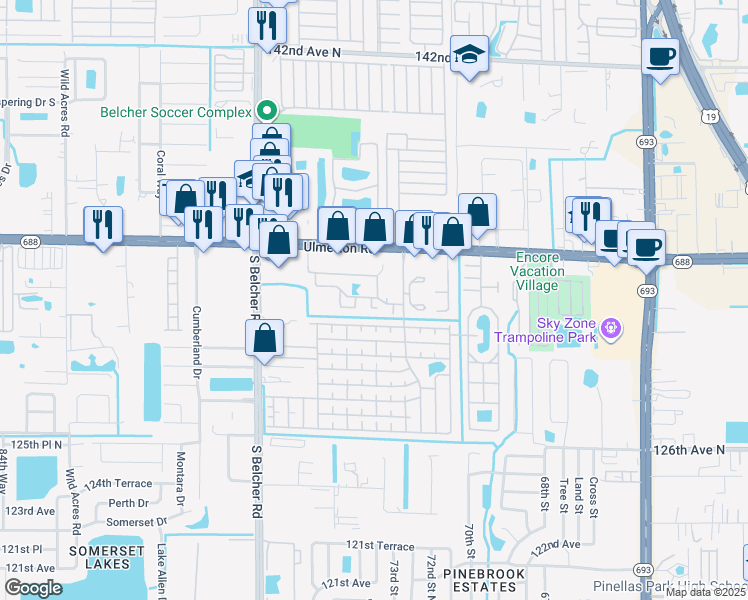 map of restaurants, bars, coffee shops, grocery stores, and more near 7360 Ulmerton Road in Largo