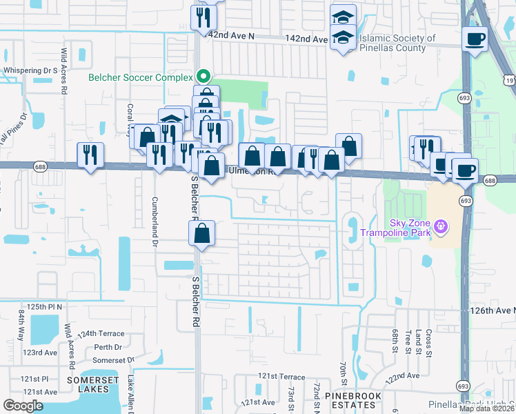 map of restaurants, bars, coffee shops, grocery stores, and more near 7360 Ulmerton Road in Largo