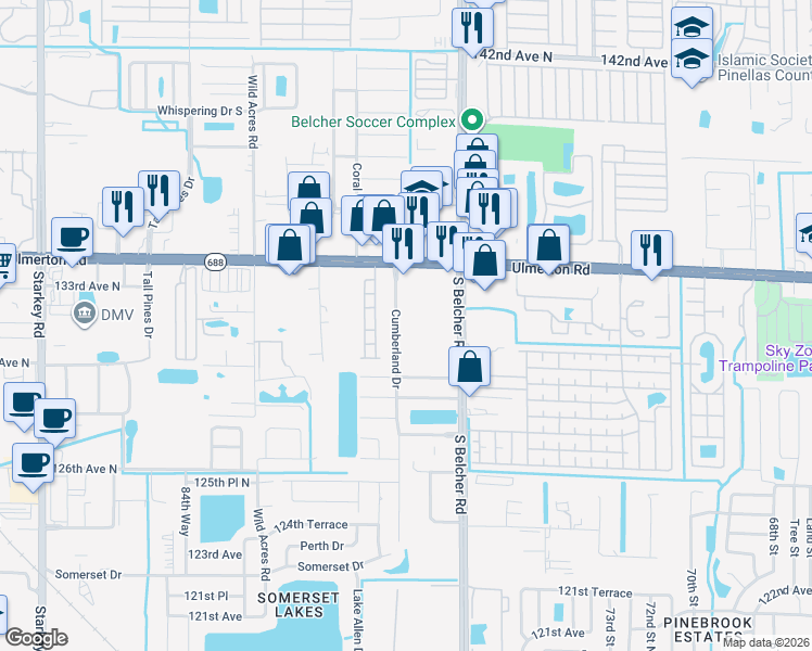 map of restaurants, bars, coffee shops, grocery stores, and more near 13200 South Belcher Road in Largo