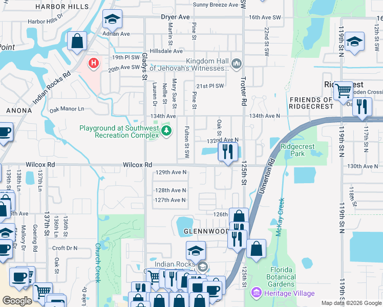 map of restaurants, bars, coffee shops, grocery stores, and more near 2705 Fulton Street Southwest in Largo