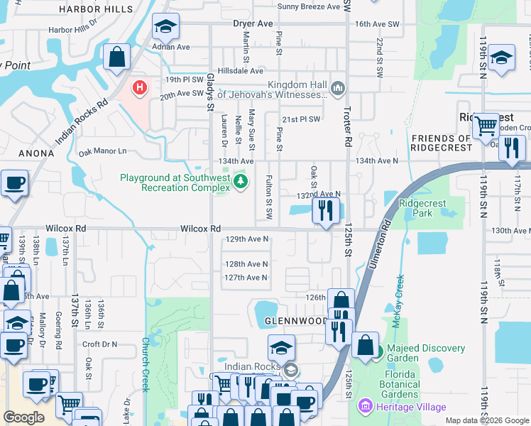 map of restaurants, bars, coffee shops, grocery stores, and more near 2705 Fulton Street Southwest in Largo