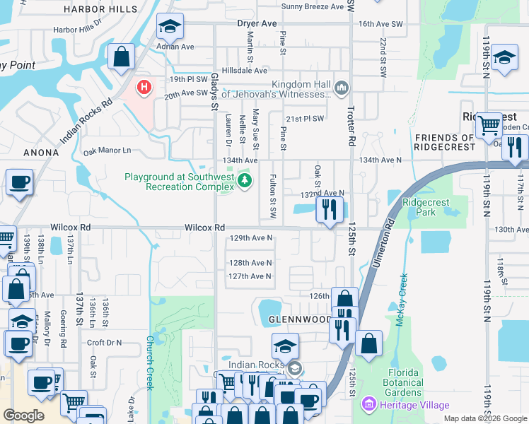 map of restaurants, bars, coffee shops, grocery stores, and more near 2705 Fulton Street Southwest in Largo