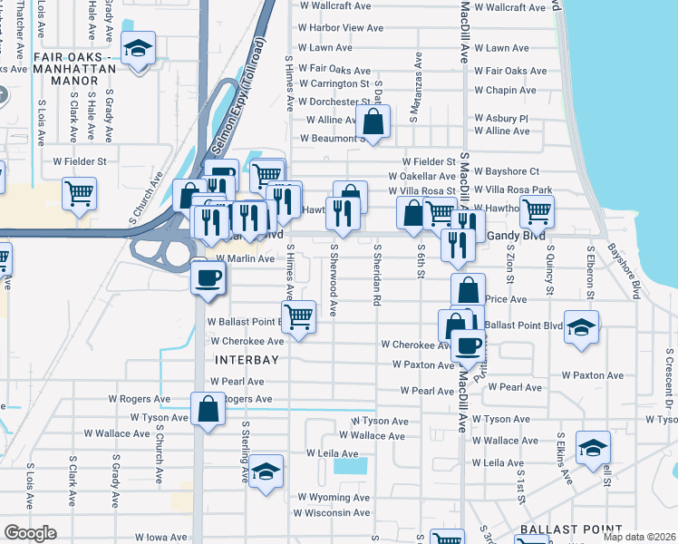 map of restaurants, bars, coffee shops, grocery stores, and more near 3324 West Marlin Avenue in Tampa