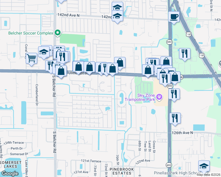 map of restaurants, bars, coffee shops, grocery stores, and more near 7200 Ulmerton Road in Largo