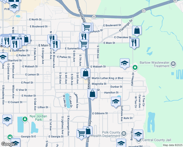 map of restaurants, bars, coffee shops, grocery stores, and more near 1561 Laurel Street in Bartow