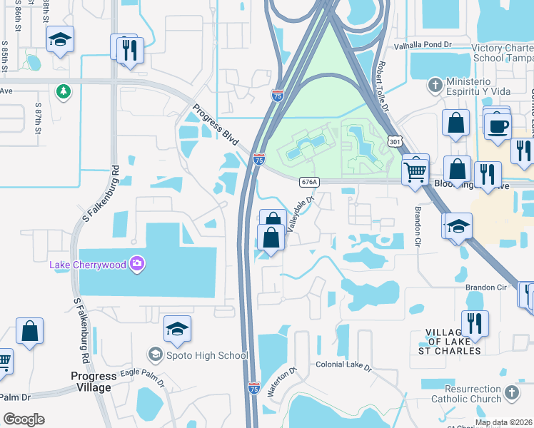 map of restaurants, bars, coffee shops, grocery stores, and more near 9510 Newdale Way in Riverview