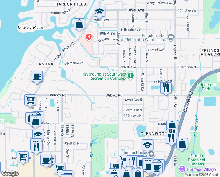 map of restaurants, bars, coffee shops, grocery stores, and more near 13125 Wilcox Road in Largo