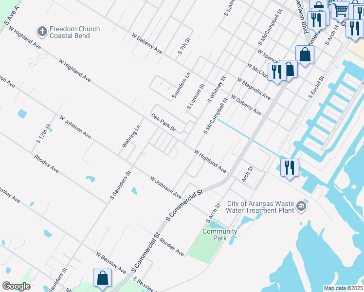 map of restaurants, bars, coffee shops, grocery stores, and more near 517 West Highland Avenue in Aransas Pass