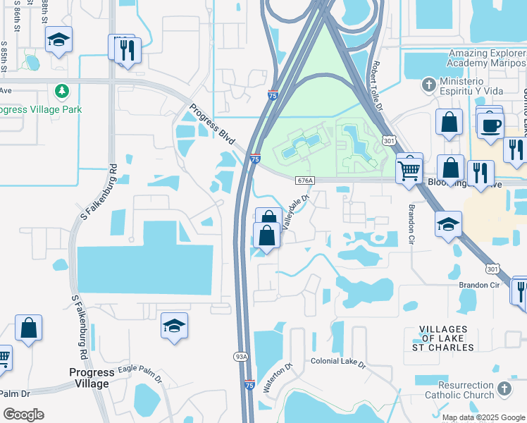 map of restaurants, bars, coffee shops, grocery stores, and more near 9510 Newdale Way in Riverview