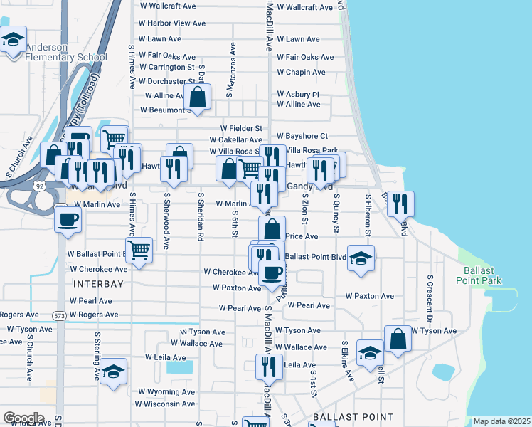 map of restaurants, bars, coffee shops, grocery stores, and more near 5001 South MacDill Avenue in Tampa