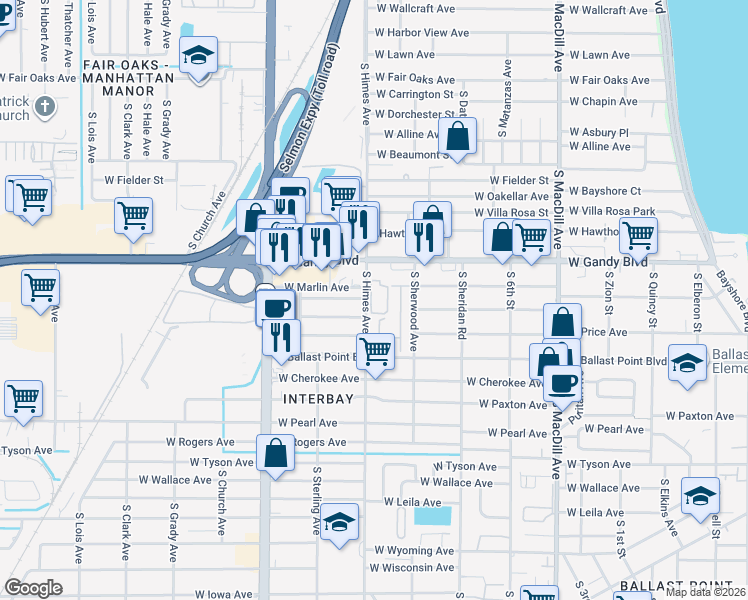 map of restaurants, bars, coffee shops, grocery stores, and more near 5000 South Himes Avenue in Tampa