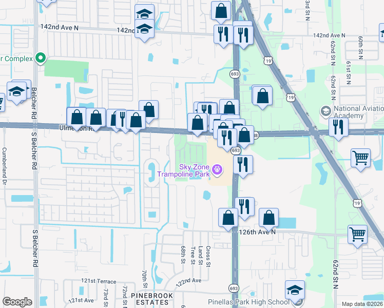 map of restaurants, bars, coffee shops, grocery stores, and more near 6900 Ulmerton Road in Largo