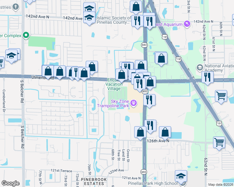 map of restaurants, bars, coffee shops, grocery stores, and more near 6900 Ulmerton Road in Largo