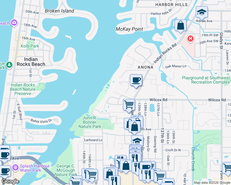 map of restaurants, bars, coffee shops, grocery stores, and more near 14215 Siesta Road in Largo